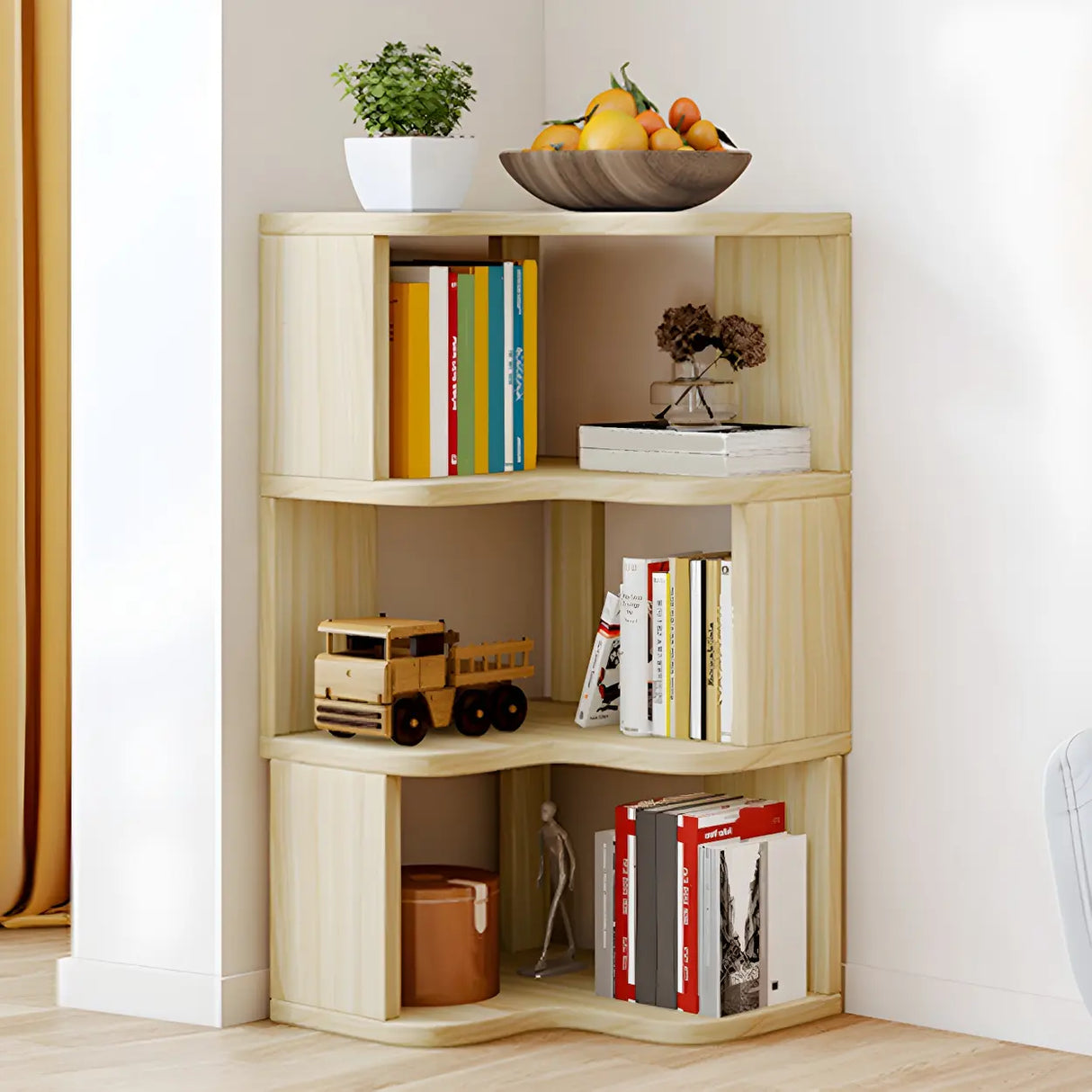 Modern Vertical Open Shelves Wood Corner Bookcase Image - 4