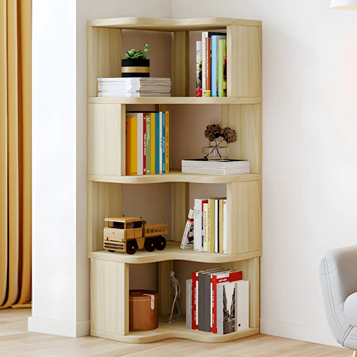 Modern Vertical Open Shelves Wood Corner Bookcase Image - 5