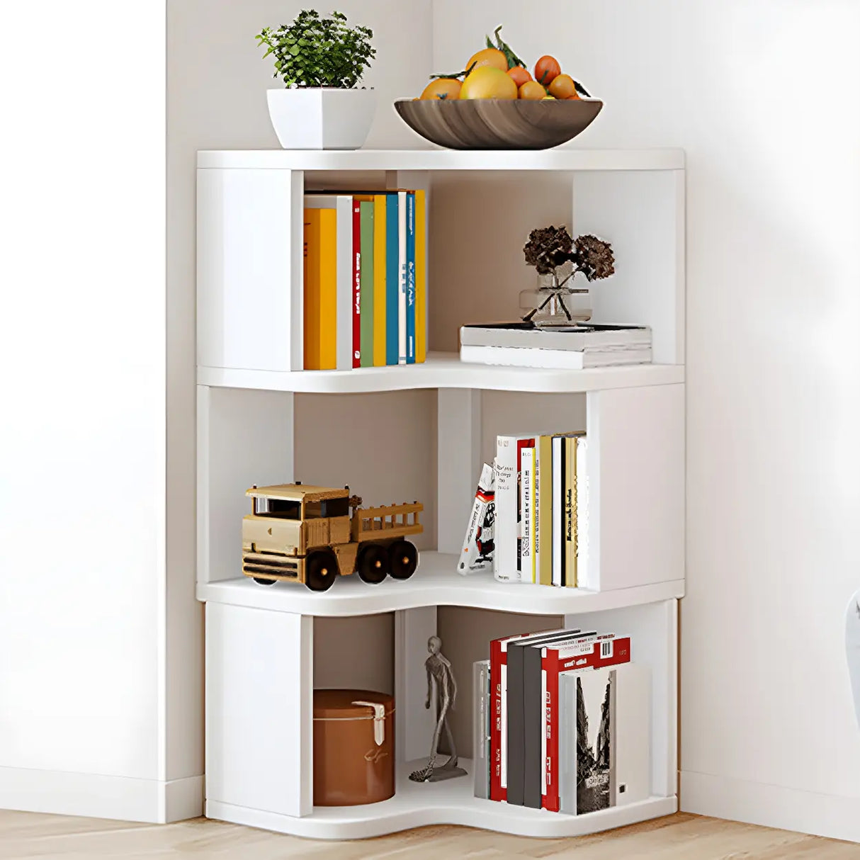 Modern Vertical Open Shelves Wood Corner Bookcase Image - 6