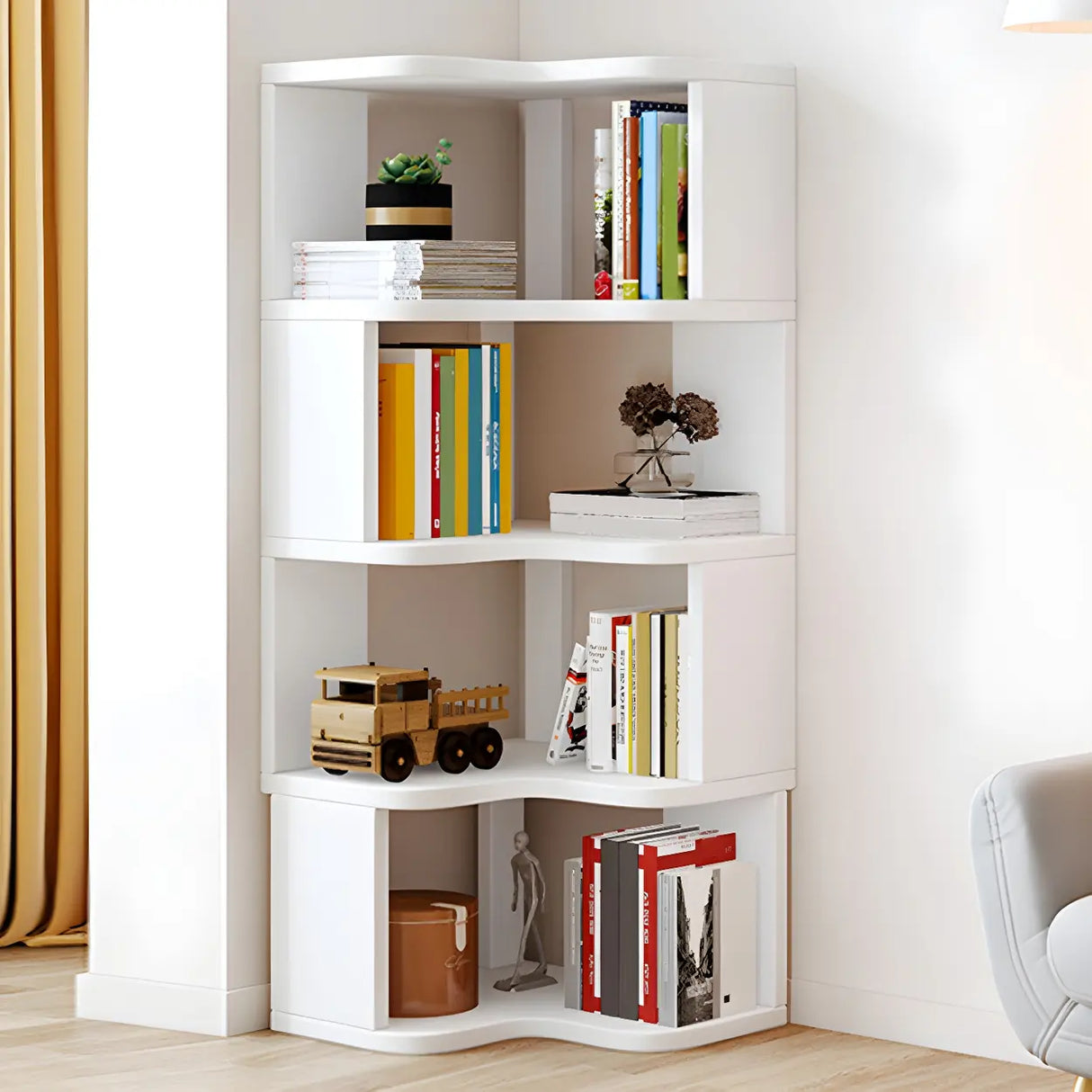 Modern Vertical Open Shelves Wood Corner Bookcase Image - 7