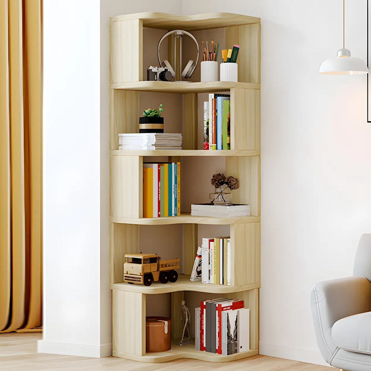 Modern Vertical Open Shelves Wood Corner Bookcase Image - 8