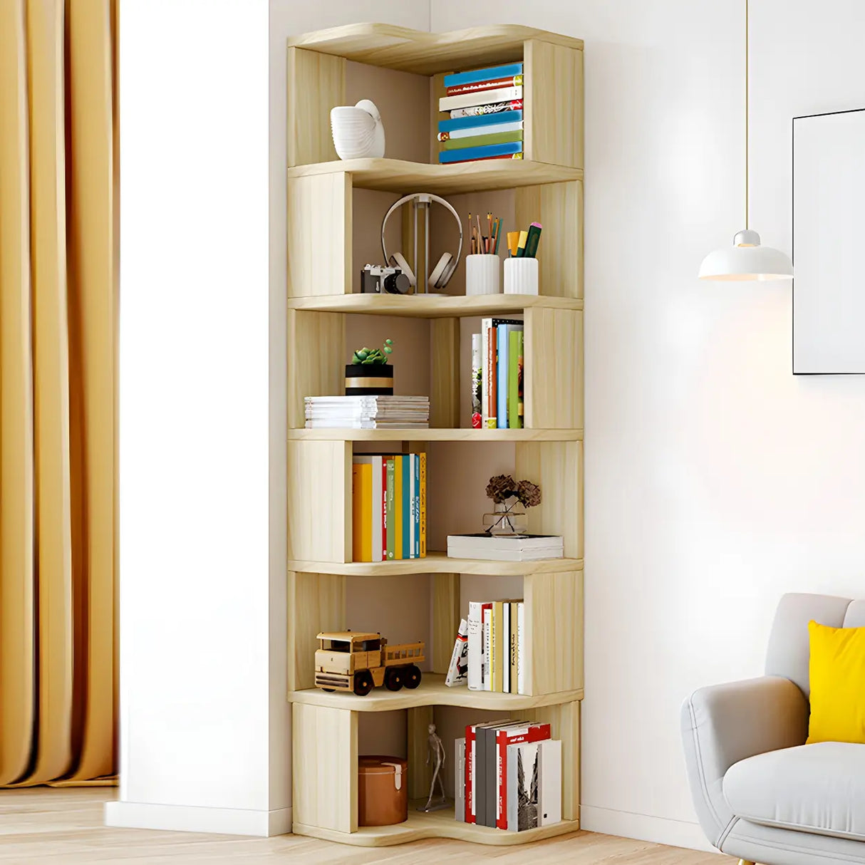 Modern Vertical Open Shelves Wood Corner Bookcase Image - 9