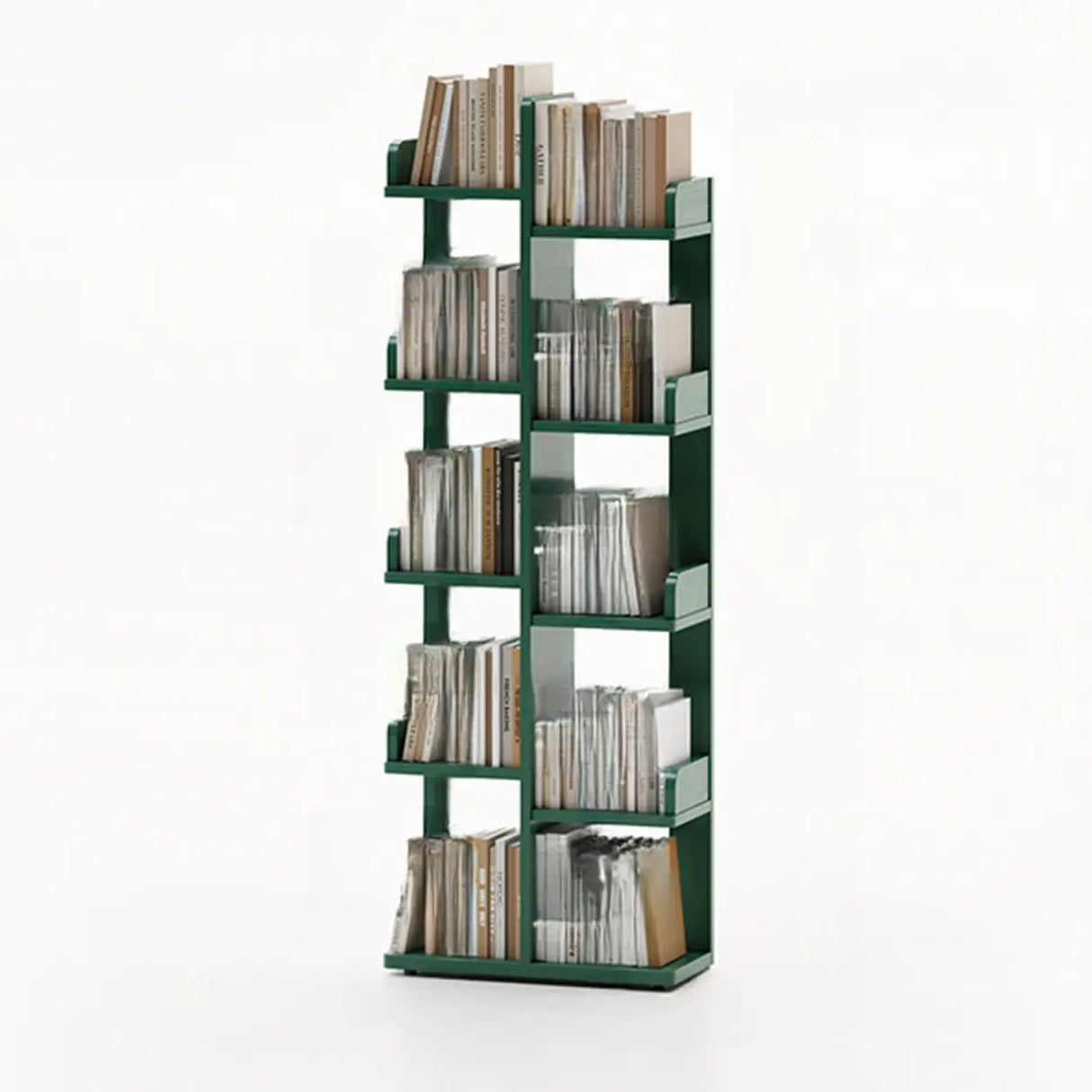 Modern Vertical Tree Tiered Wood Open Back Corner Bookshelf Image - 14