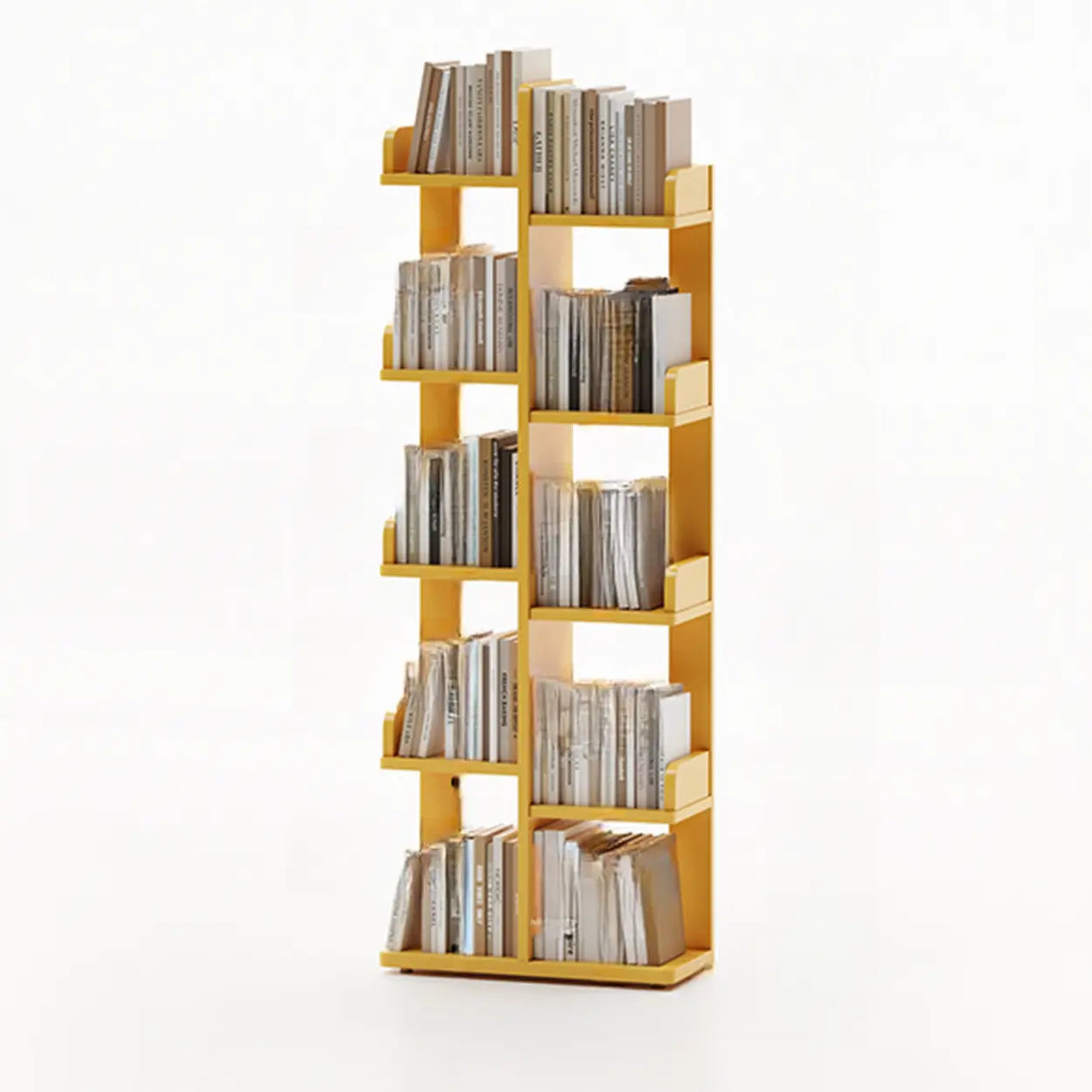 Modern Vertical Tree Tiered Wood Open Back Corner Bookshelf Image - 2