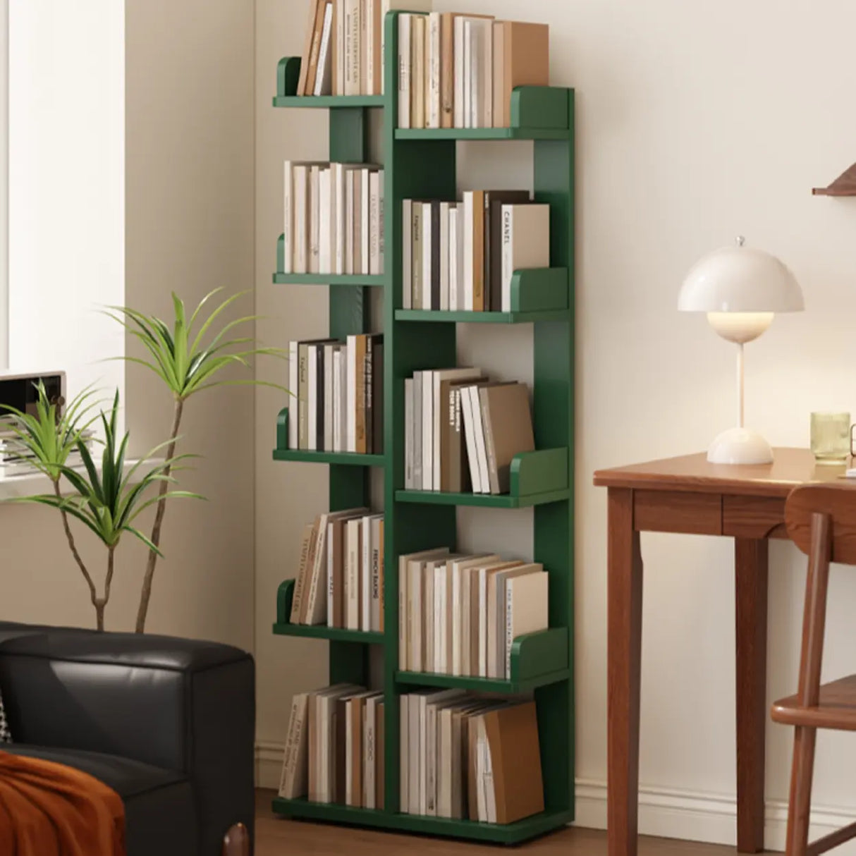 Modern Vertical Tree Tiered Wood Open Back Corner Bookshelf Image - 4