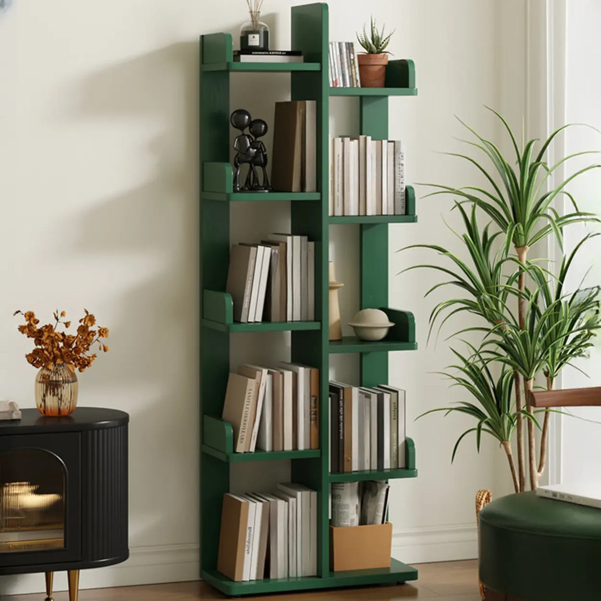 Modern Vertical Tree Tiered Wood Open Back Corner Bookshelf Image - 8