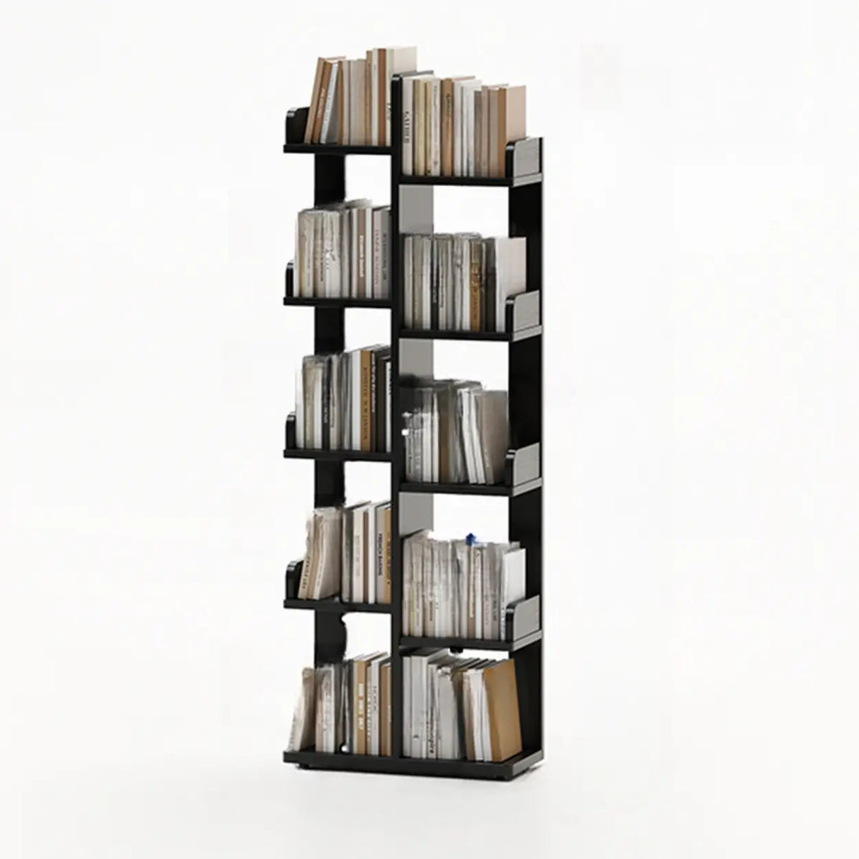Modern Vertical Tree Tiered Wood Open Back Corner Bookshelf Image - 9