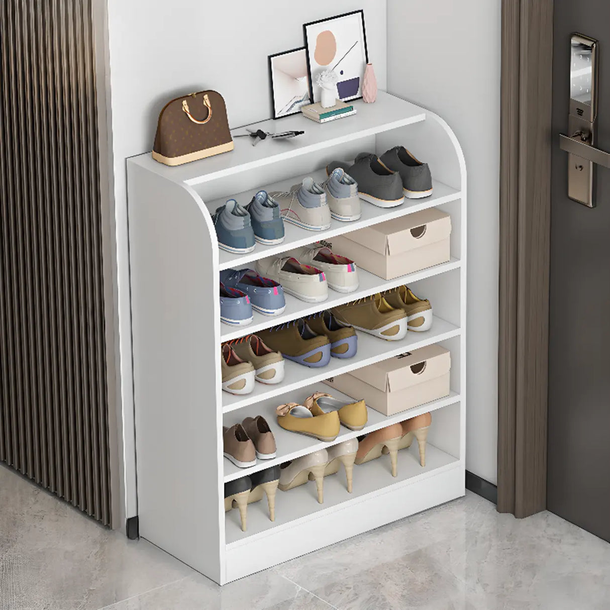 Modern Vertical Wood Hallway Gray 5-Tier Open Shoe Rack Image - 19