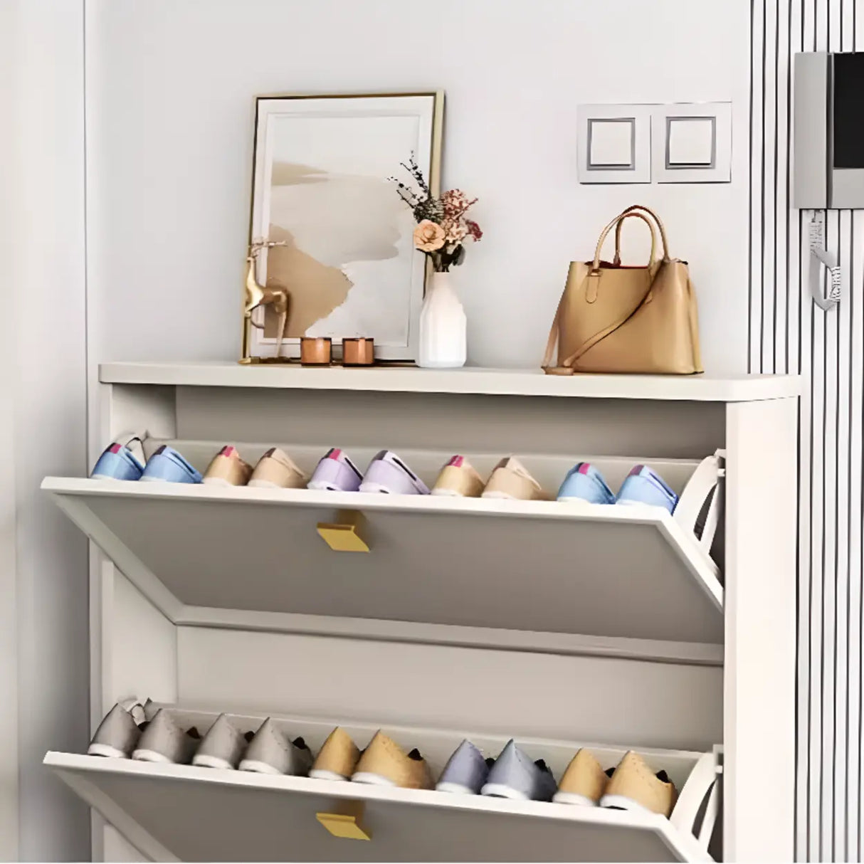 Modern Vertical Wood Hallway White Large Shoe Cabinet Image - 10