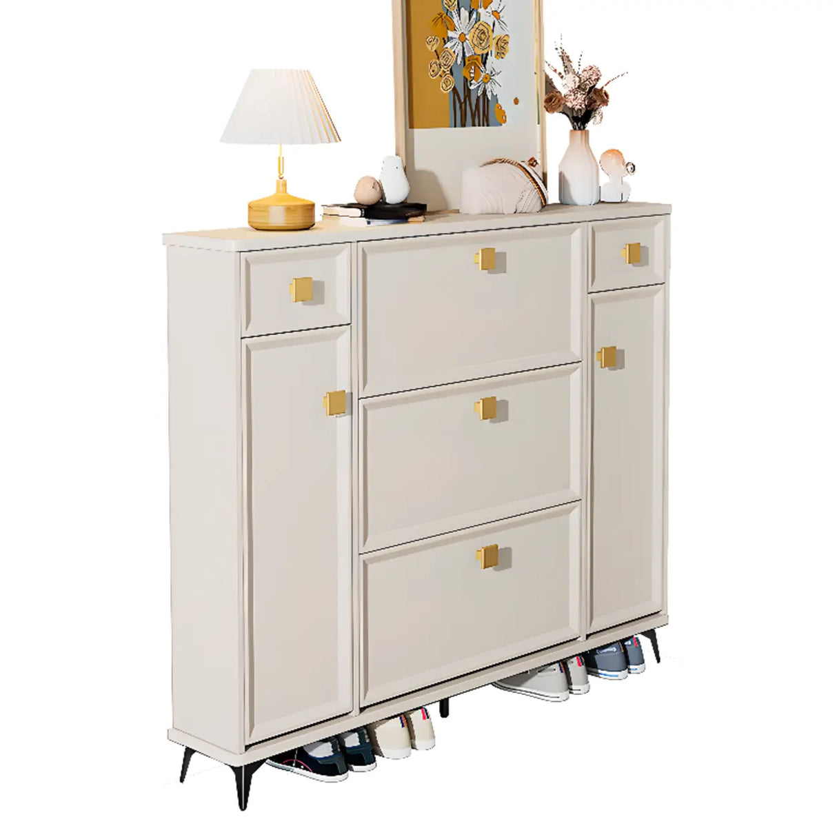 Modern Vertical Wood Hallway White Large Shoe Cabinet Image - 11