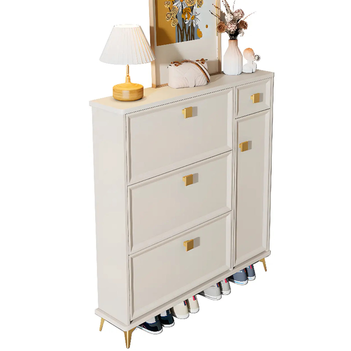 Modern Vertical Wood Hallway White Large Shoe Cabinet Image - 12