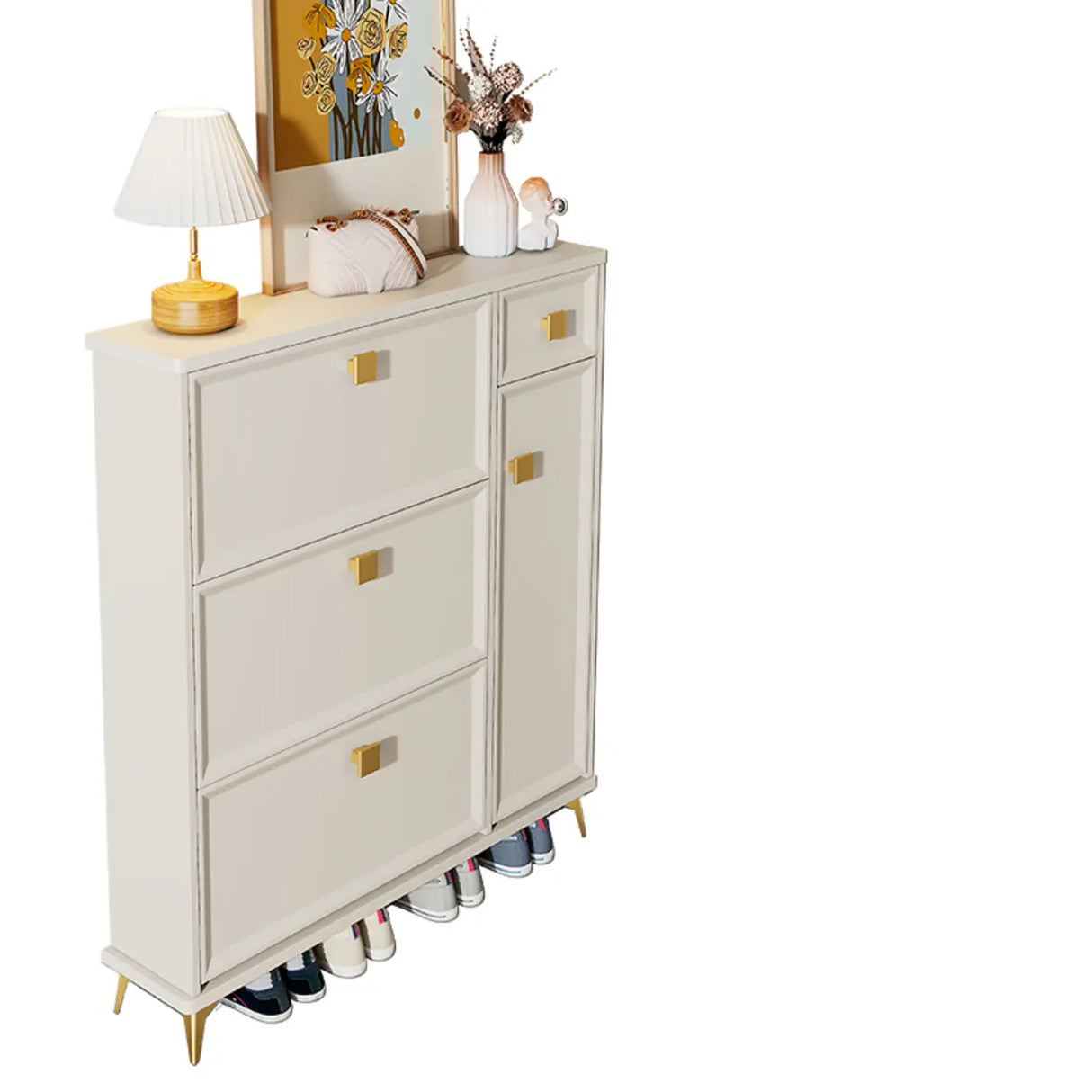 Modern Vertical Wood Hallway White Large Shoe Cabinet Image - 13