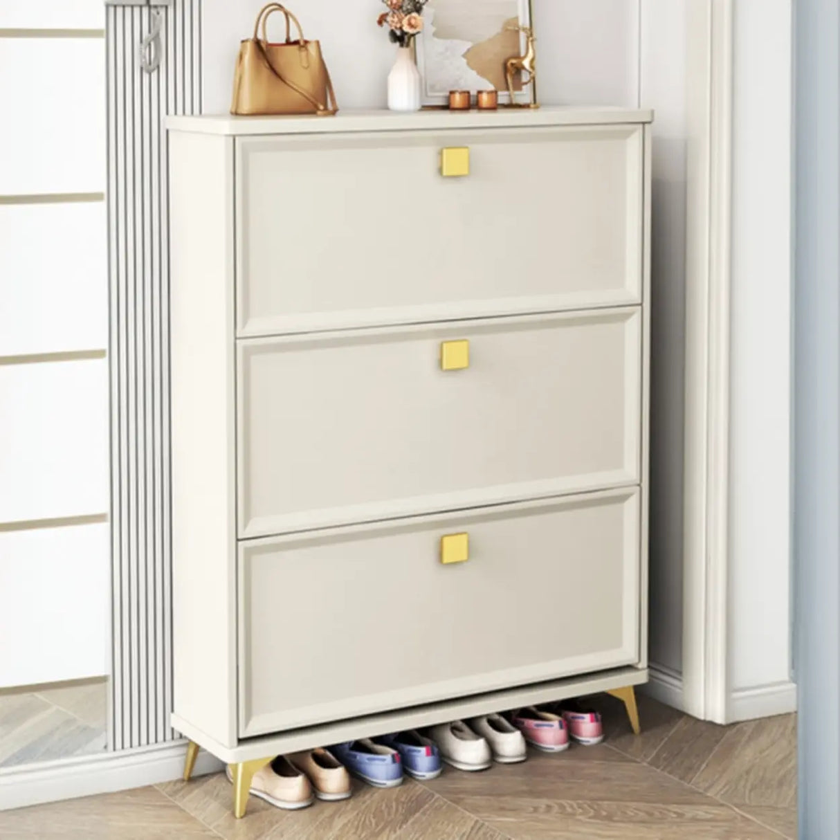 Modern Vertical Wood Hallway White Large Shoe Cabinet Image - 1