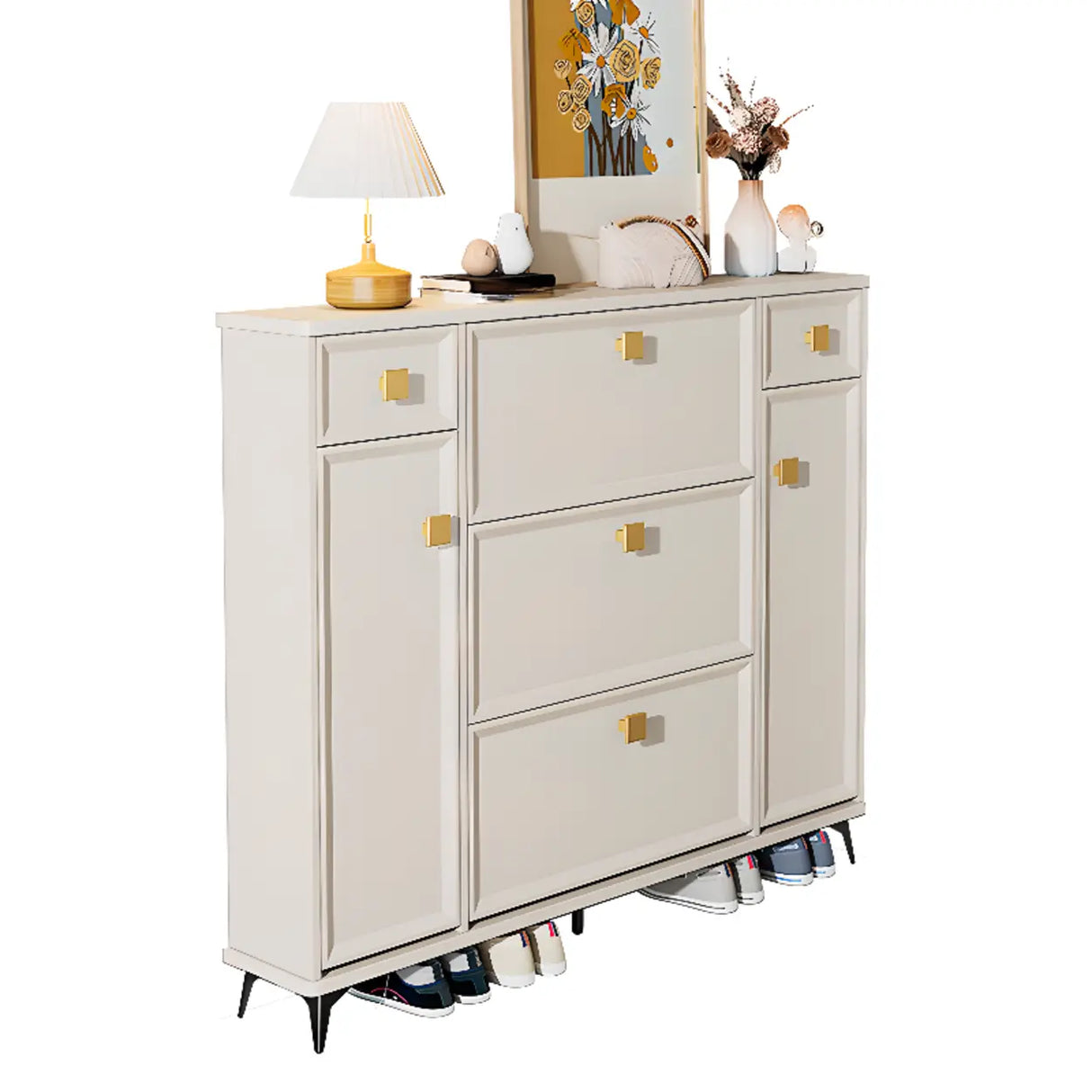 Modern Vertical Wood Hallway White Large Shoe Cabinet Image - 3