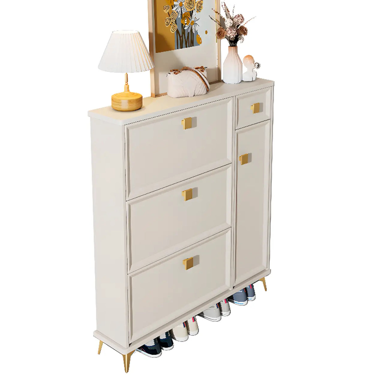 Modern Vertical Wood Hallway White Large Shoe Cabinet Image - 5