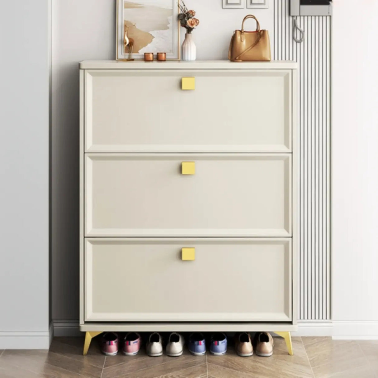 Modern Vertical Wood Hallway White Large Shoe Cabinet Image - 6