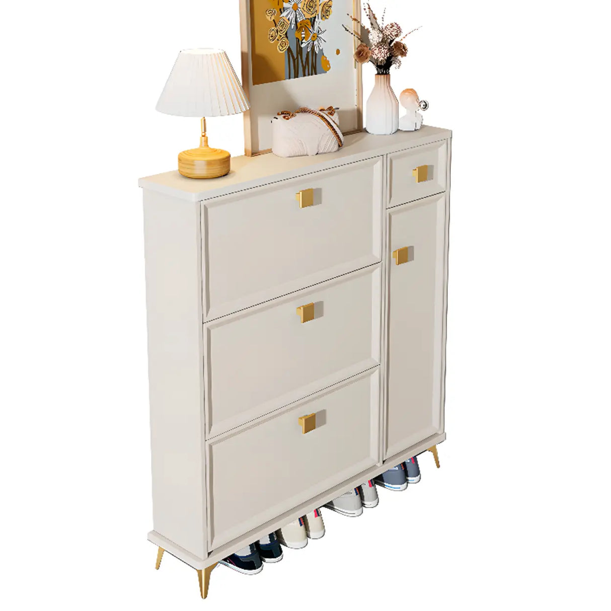 Modern Vertical Wood Hallway White Large Shoe Cabinet Image - 7