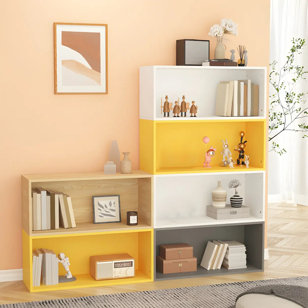 Modern Vibrant Rectangular Wooden Modular Bookcase Image - 1