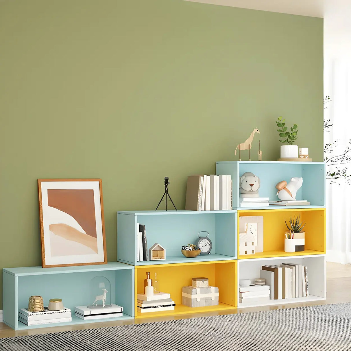 Modern Vibrant Rectangular Wooden Modular Bookcase Image - 4