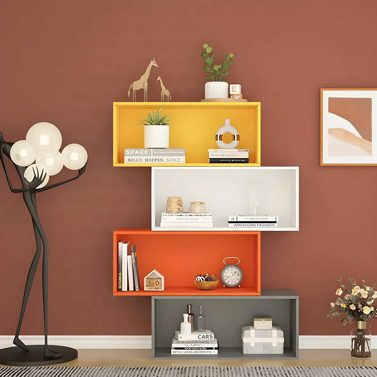 Modern Vibrant Rectangular Wooden Modular Bookcase Image - 26