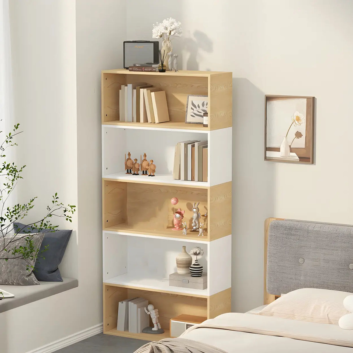 Modern Vibrant Rectangular Wooden Modular Bookcase Image - 6