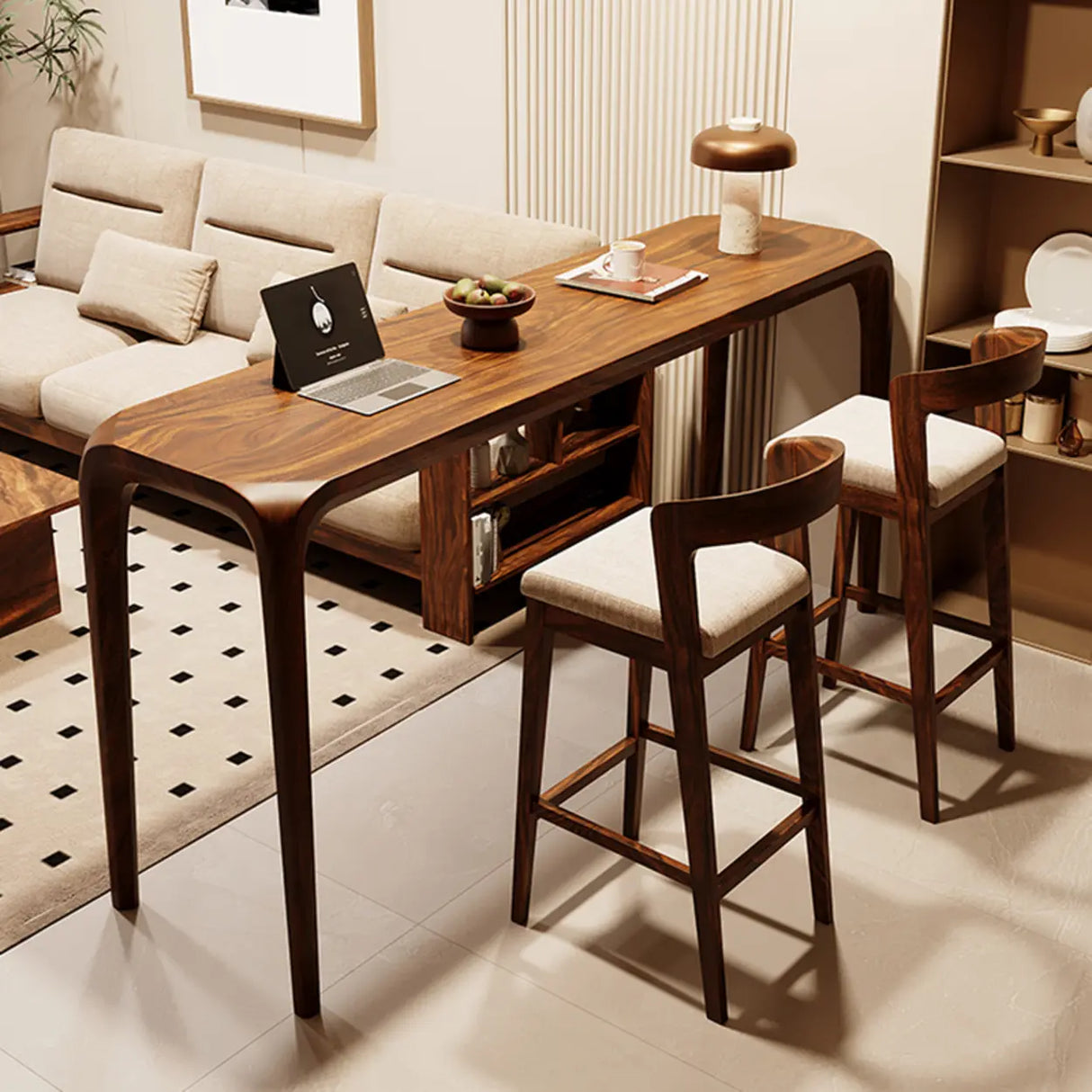 Modern Walnut Bar Table Set with Stools for Living Room Image - 1