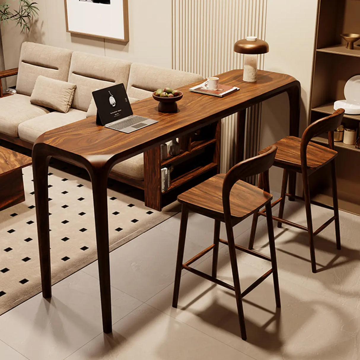 Modern Walnut Bar Table Set with Stools for Living Room Image - 4