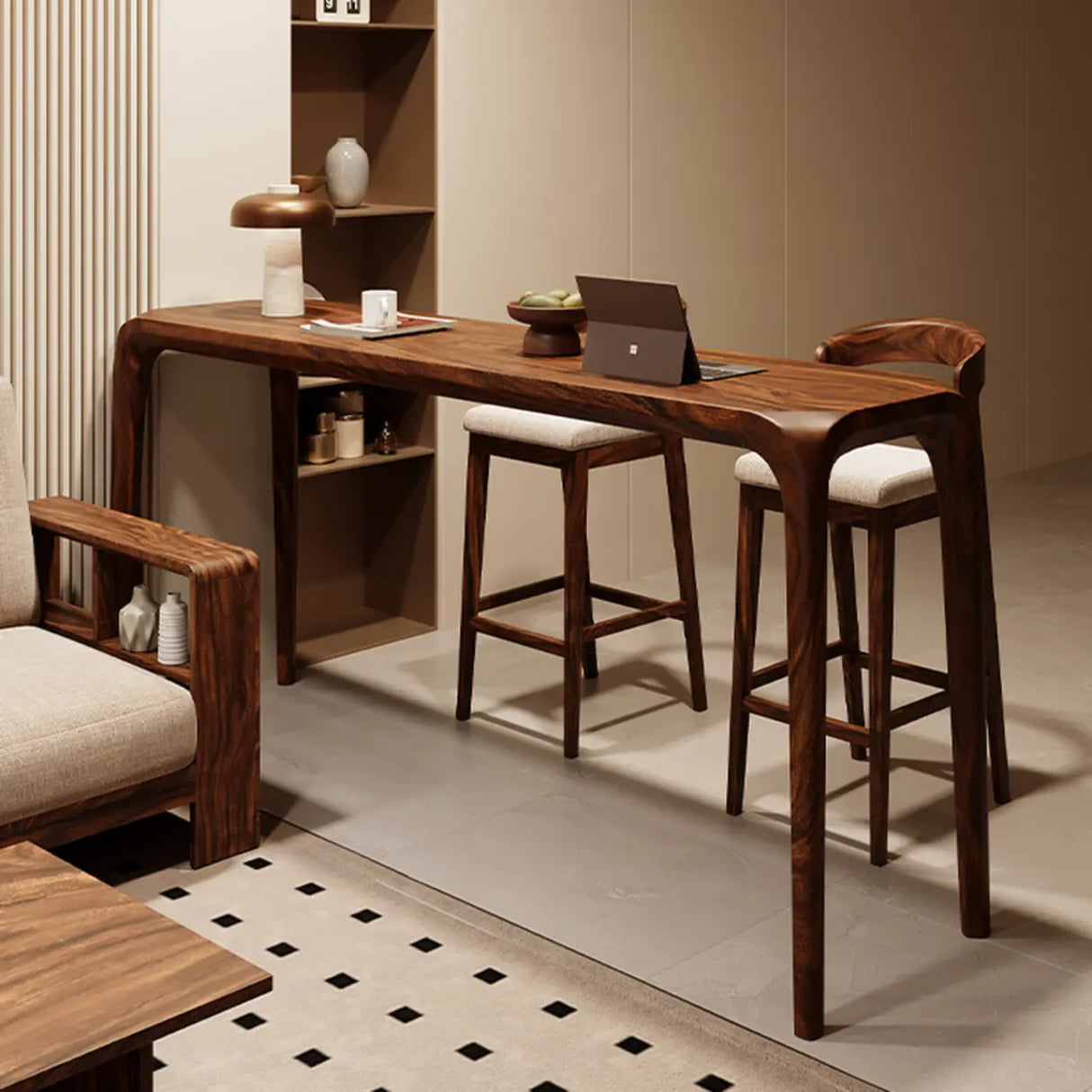 Modern Walnut Bar Table Set with Stools for Living Room Image - 5
