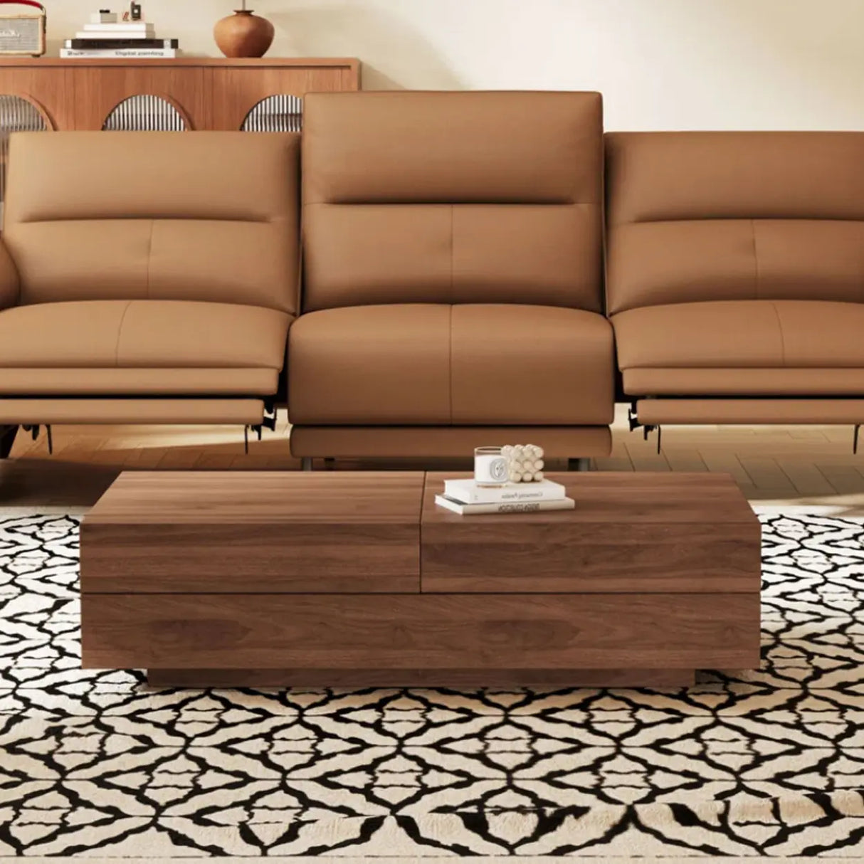 Modern Walnut Extendable Wood Coffee Table with Hidden Storage Image - 2