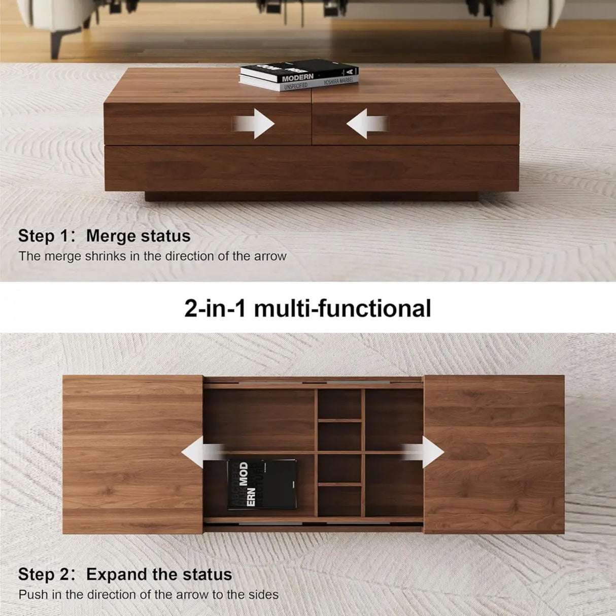 Modern Walnut Extendable Wood Coffee Table with Hidden Storage Image - 4