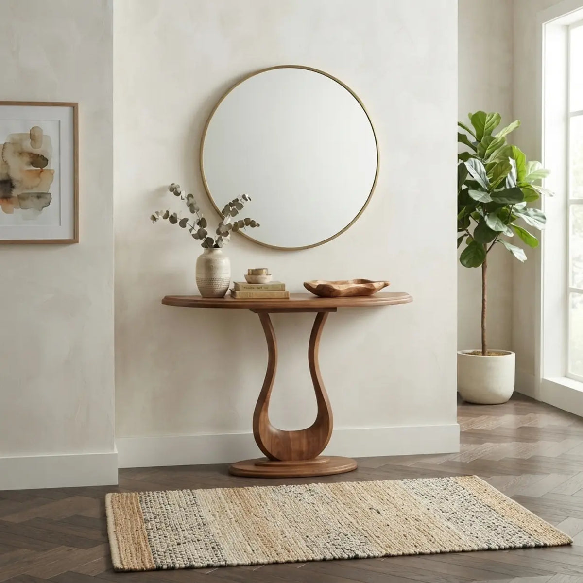 Modern Walnut-Finish Solid Pine Console Table with Sculptural Base Image - 5