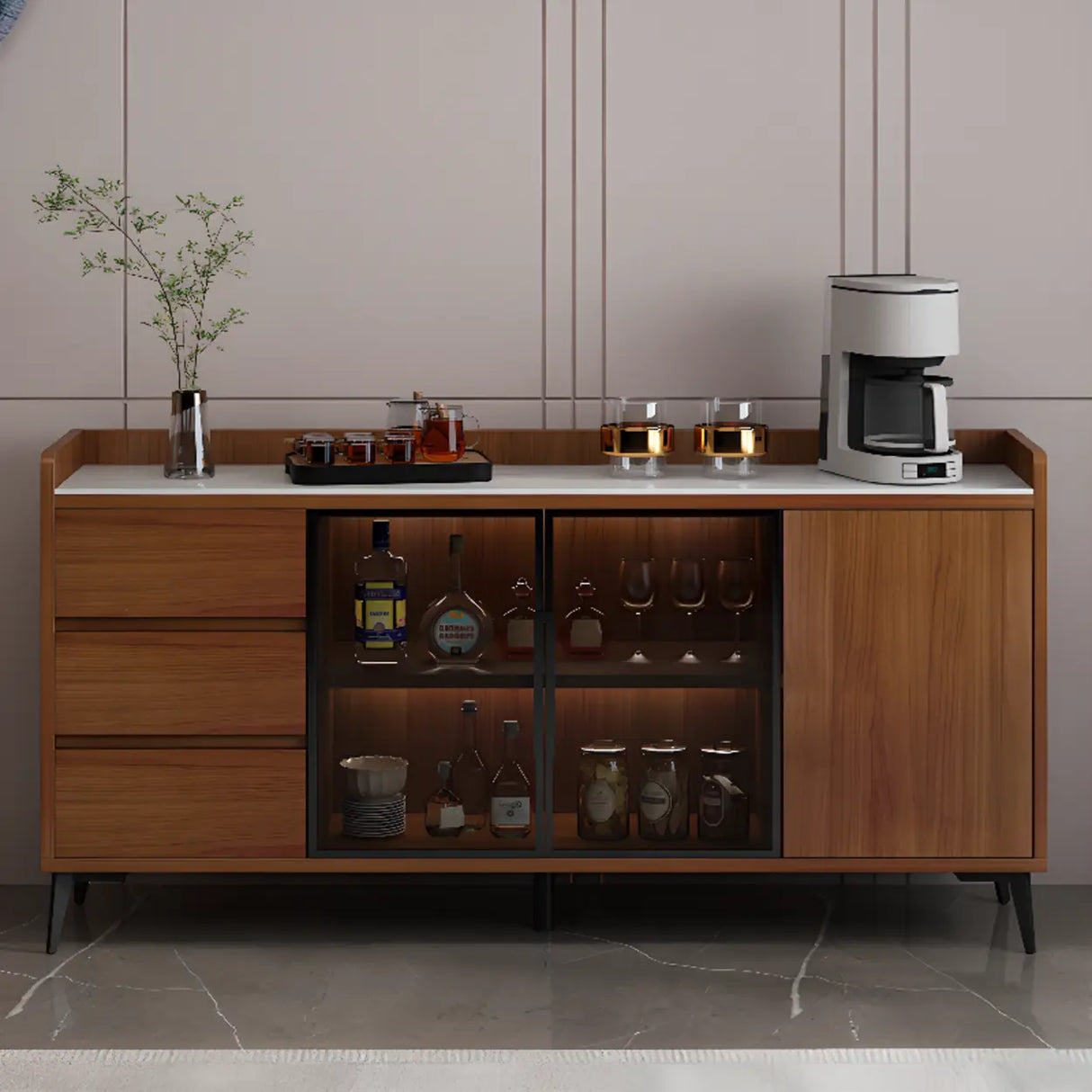 Modern Walnut Rectangular Wood Large Wine Rack Cabinet Storage Image - 1