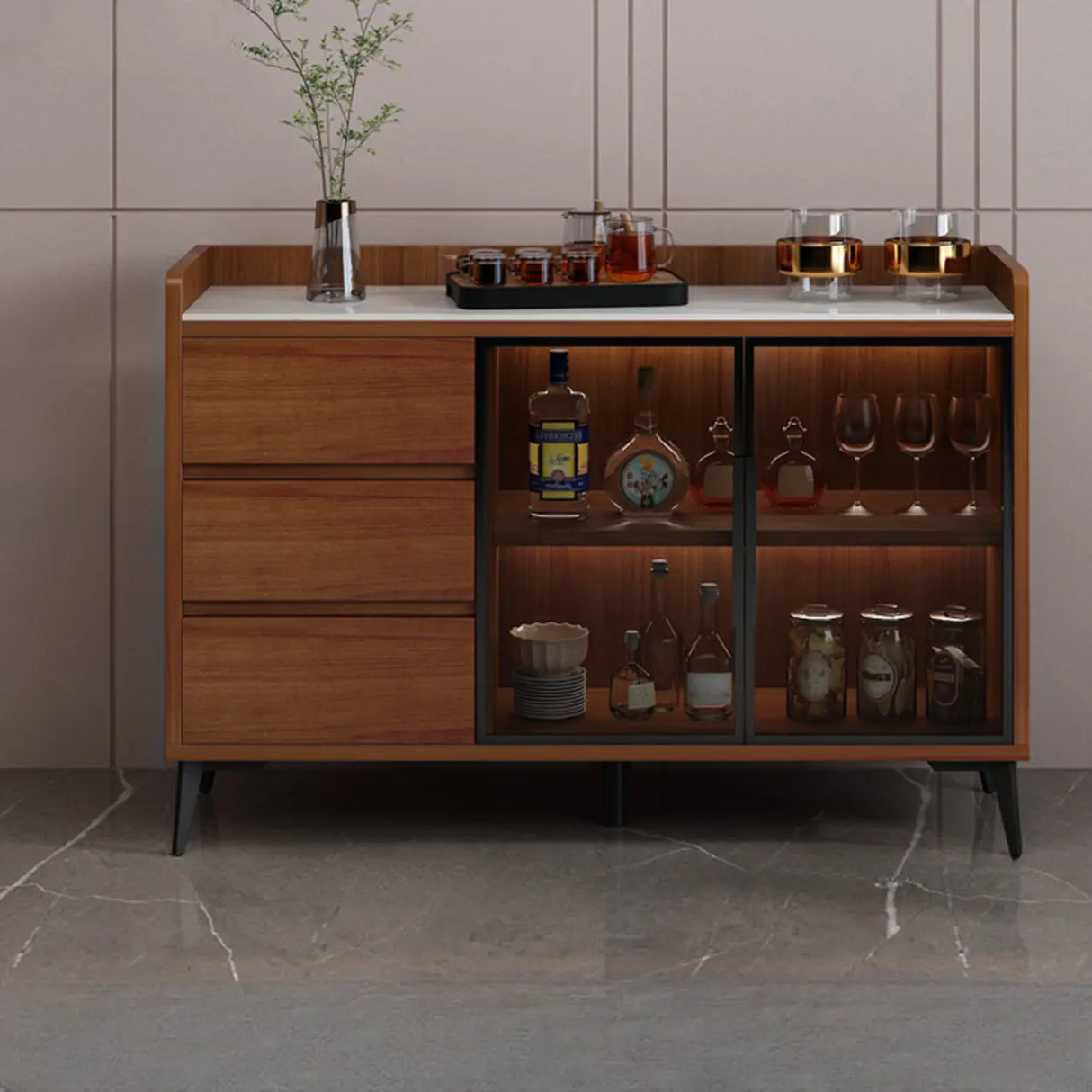 Modern Walnut Rectangular Wood Large Wine Rack Cabinet Storage Image - 11