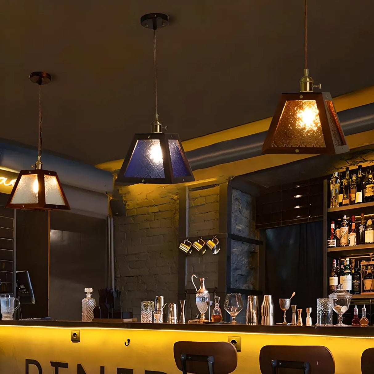 Modern Walnut Wood Geometric Glass Pendant Light Image - 5