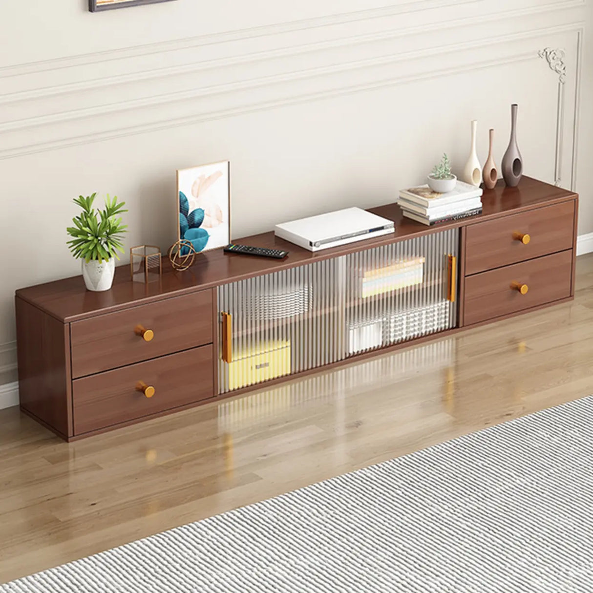 Modern Walnut Wood TV Stand with Storage Cabinet Image - 4