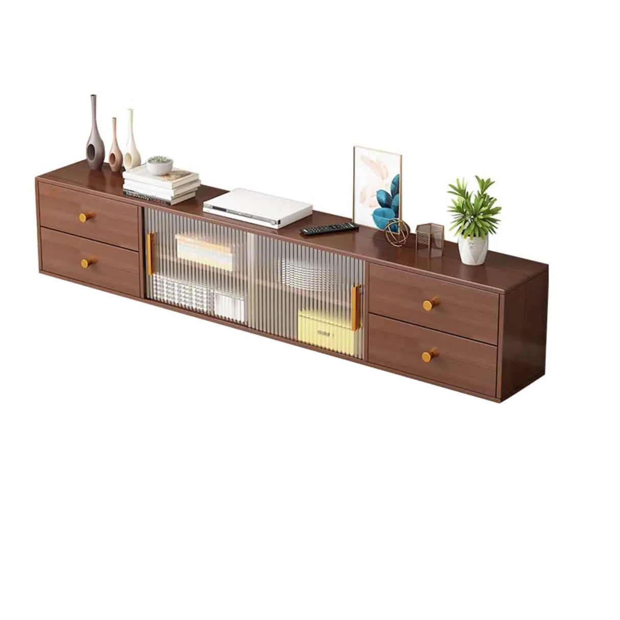 Modern Walnut Wood TV Stand with Storage Cabinet Image - 5