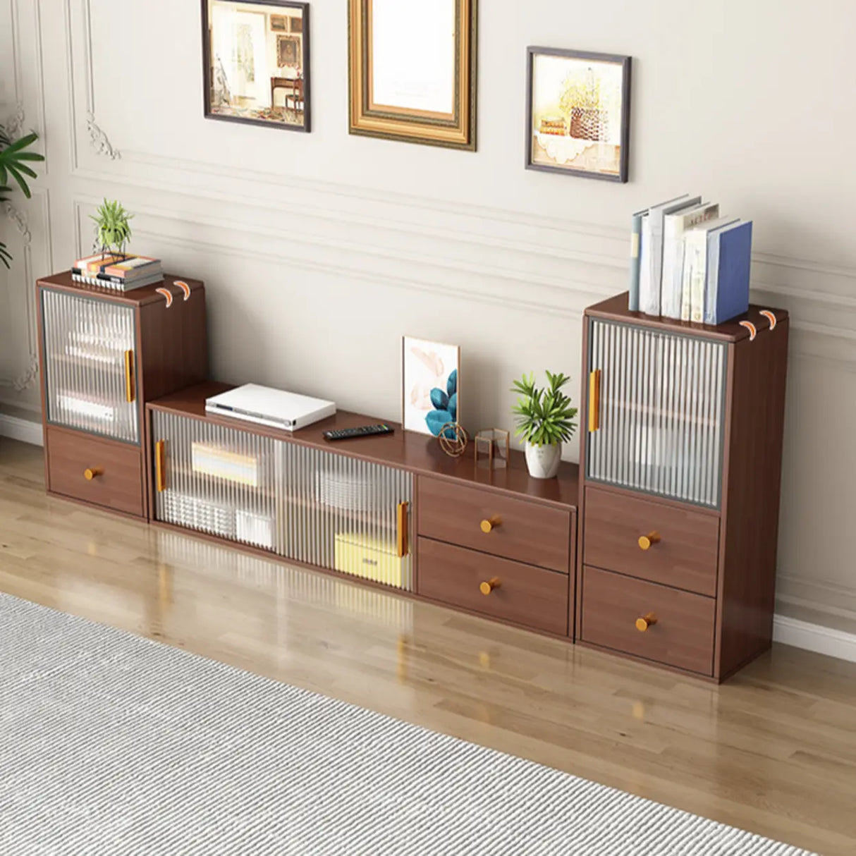 Modern Walnut Wood TV Stand with Storage Cabinet Image - 6