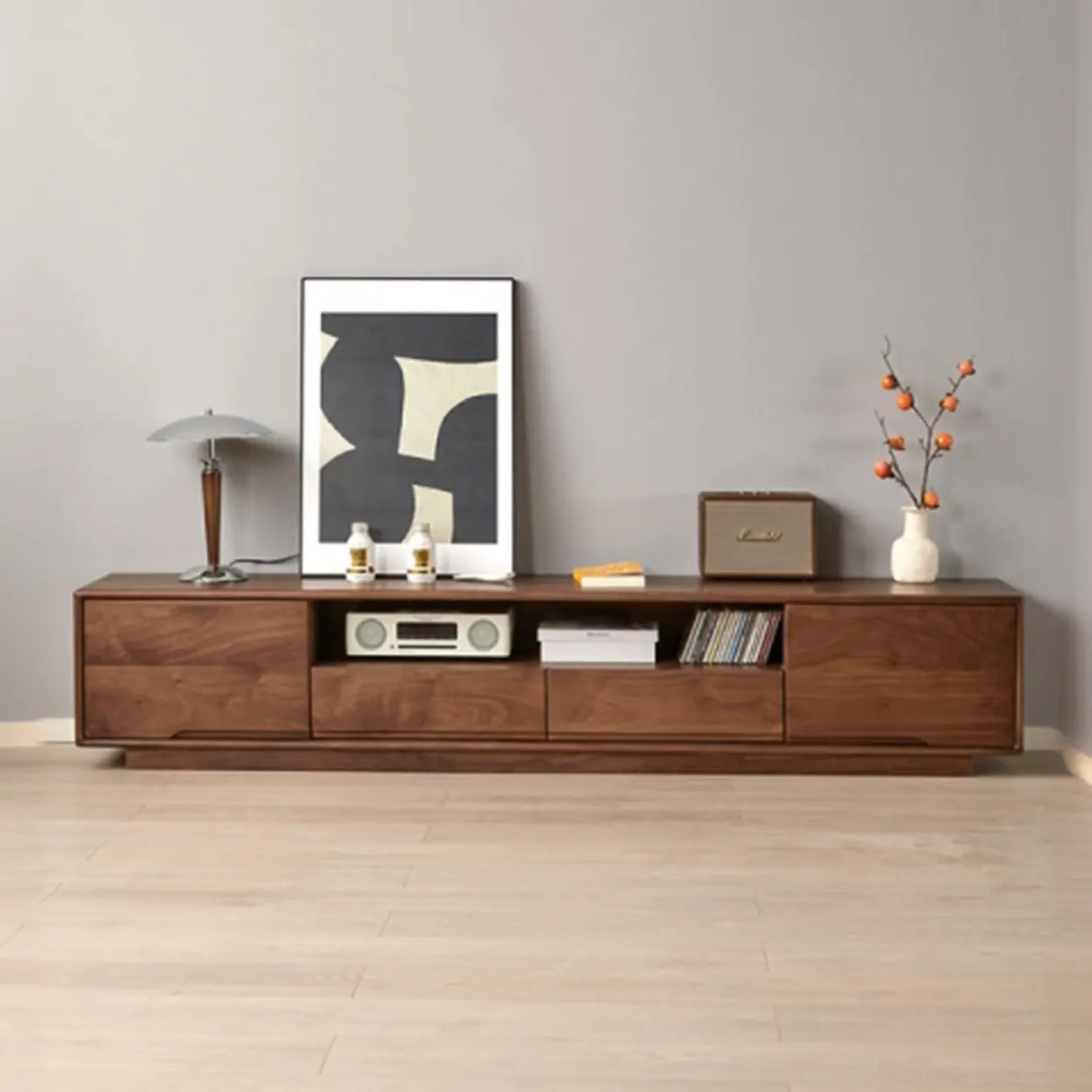 Modern Walnut Wood TV Stand with Storage Cabinets Image - 1