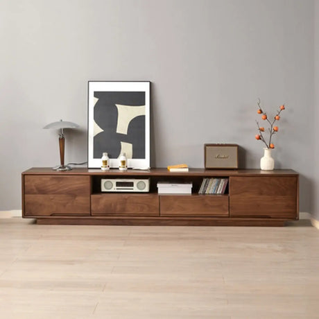 Modern Walnut Wood TV Stand with Storage Cabinets Image - 1