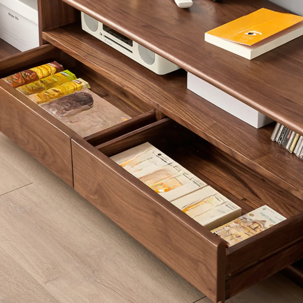 Modern Walnut Wood TV Stand with Storage Cabinets Image - 10