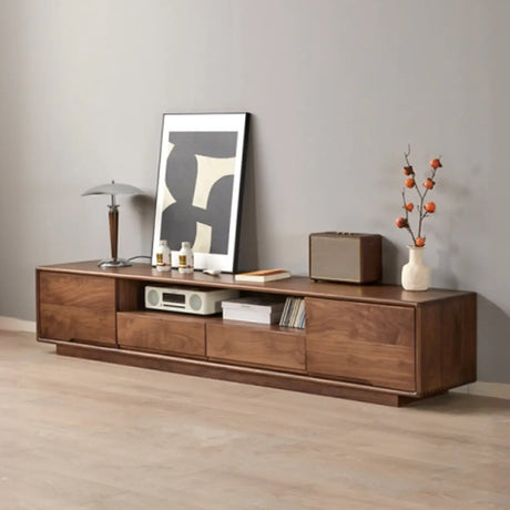 Modern Walnut Wood TV Stand with Storage Cabinets Image - 2