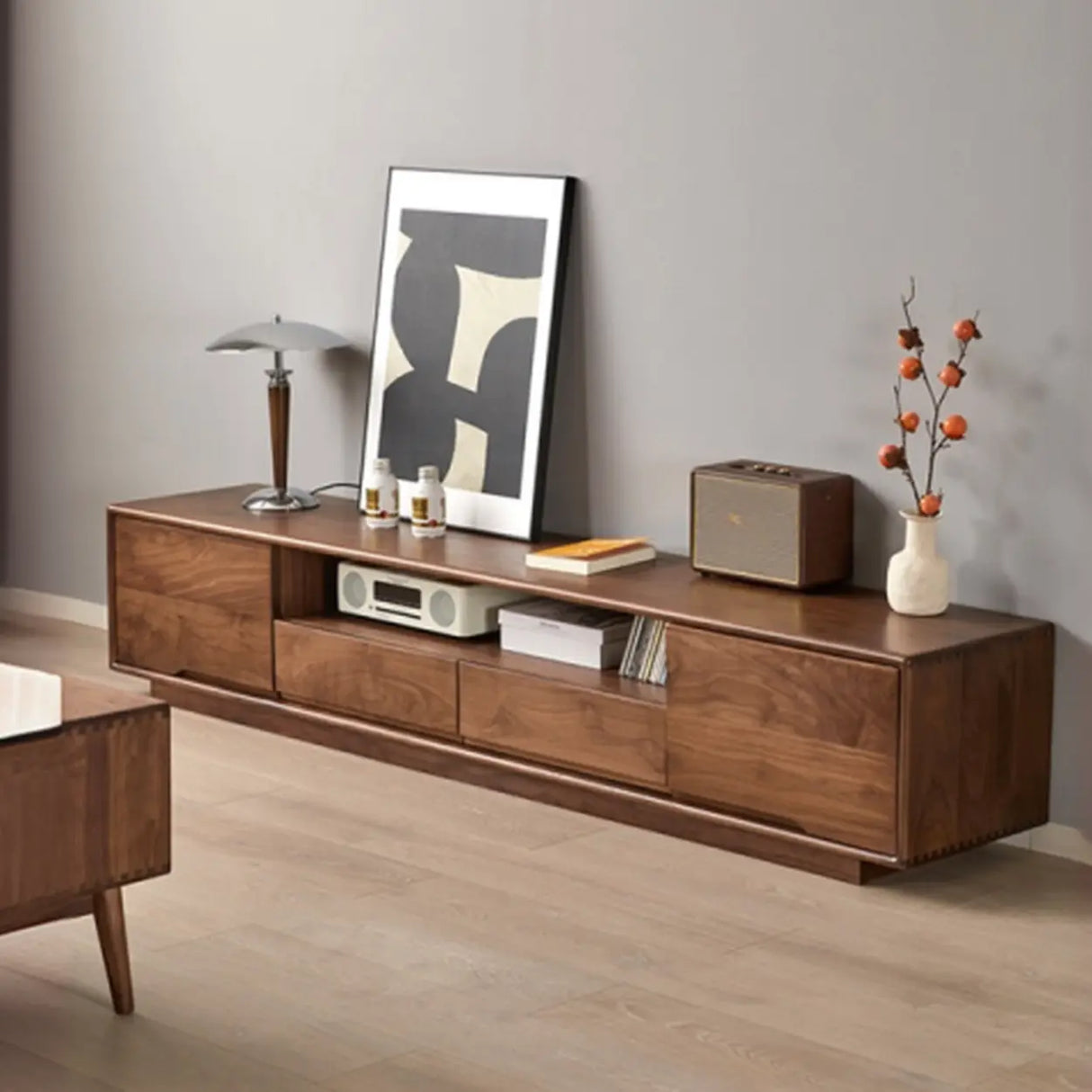 Modern Walnut Wood TV Stand with Storage Cabinets Image - 3