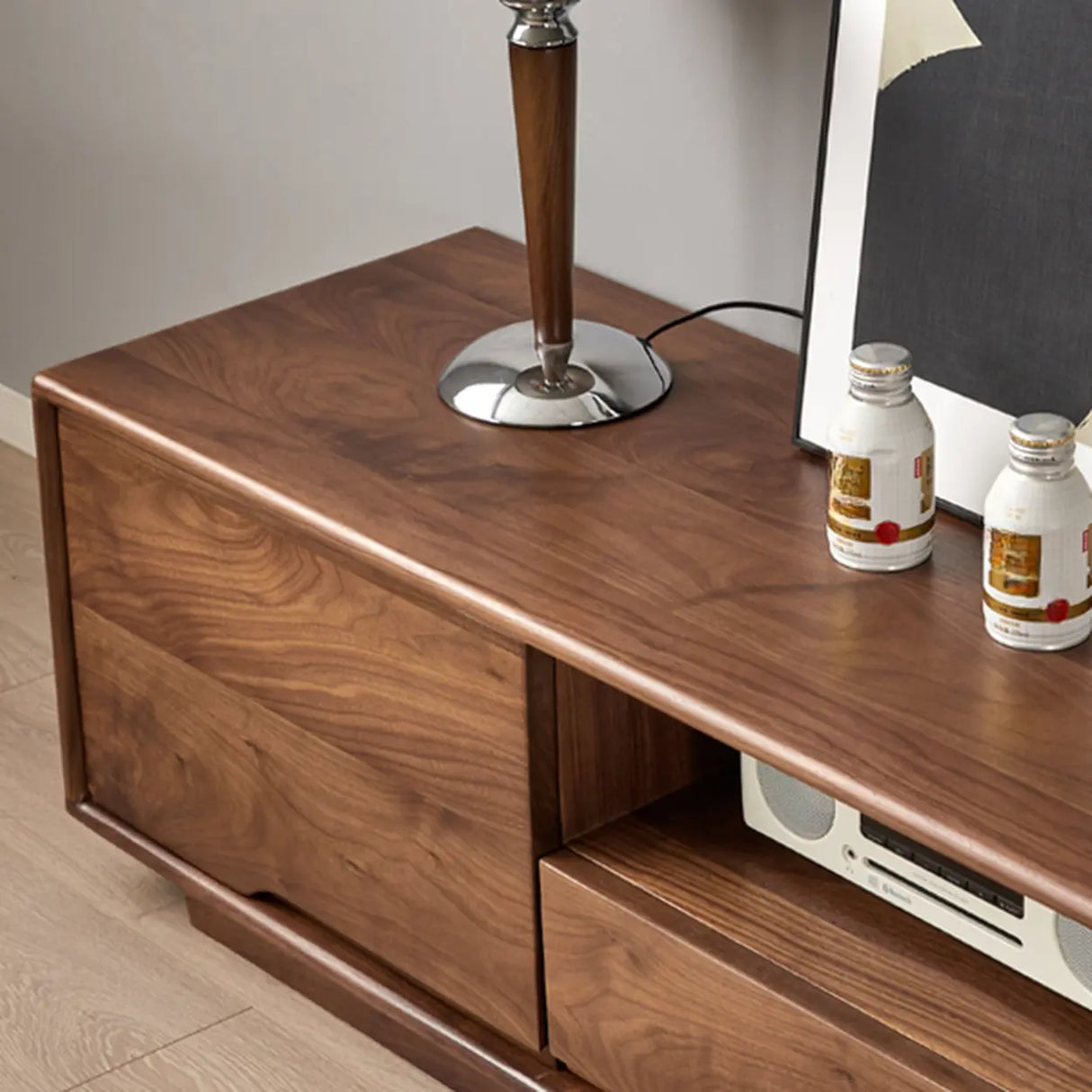 Modern Walnut Wood TV Stand with Storage Cabinets Image - 5