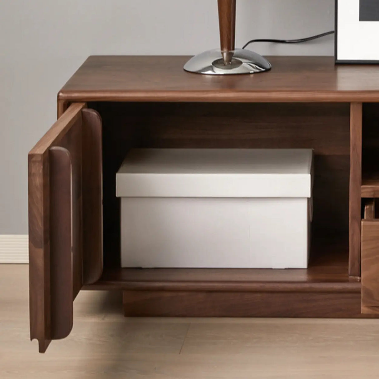 Modern Walnut Wood TV Stand with Storage Cabinets Image - 7