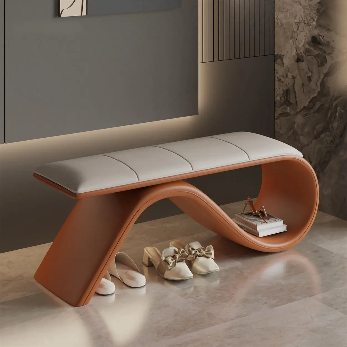 Modern Wave Bench with Cushioned Seat and Storage Space Image - 1