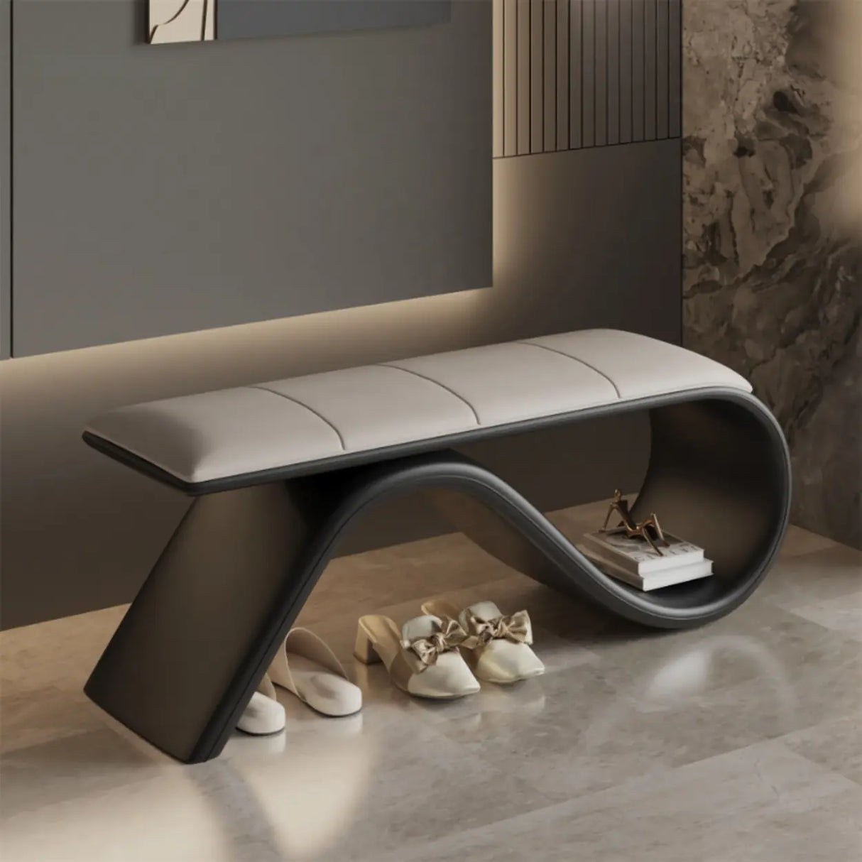 Modern Wave Bench with Cushioned Seat and Storage Space Image - 2