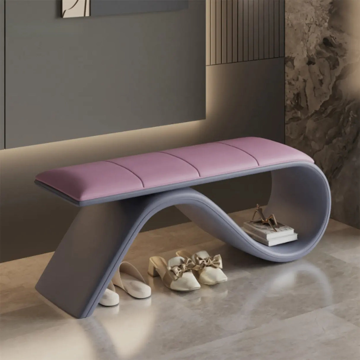 Modern Wave Bench with Cushioned Seat and Storage Space Image - 3