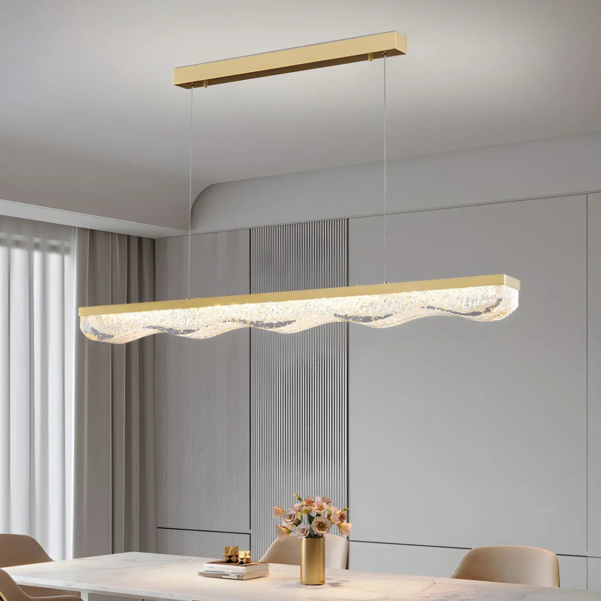 Modern Wave Gold LED Pendant Light Large Island Decor Image - 12
