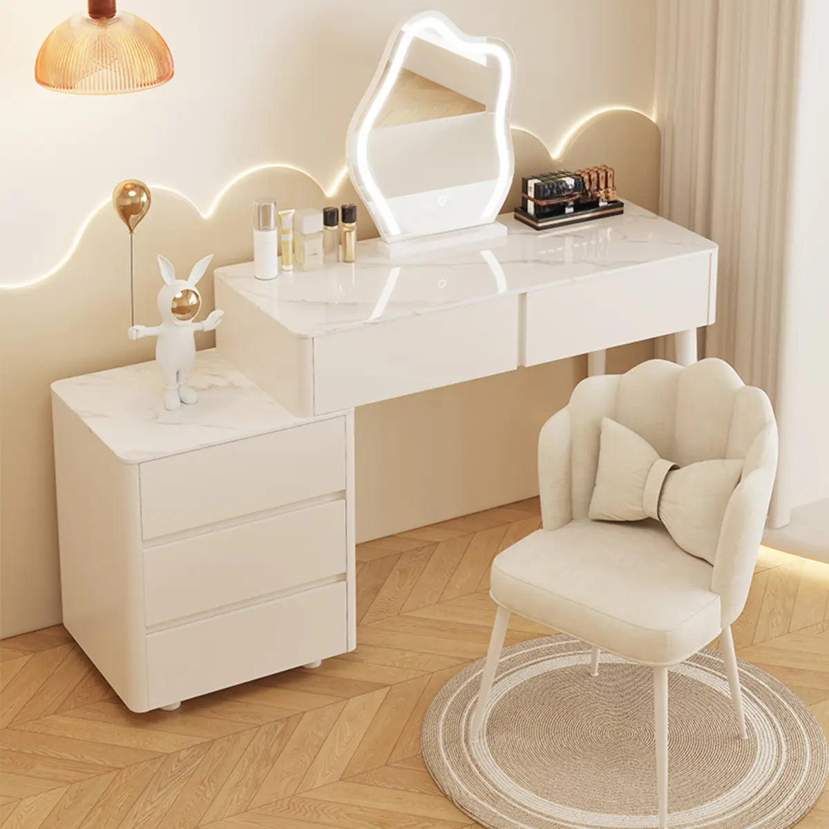 Modern Wavy Marble LED White Adjustable Makeup Vanity Set Image - 1