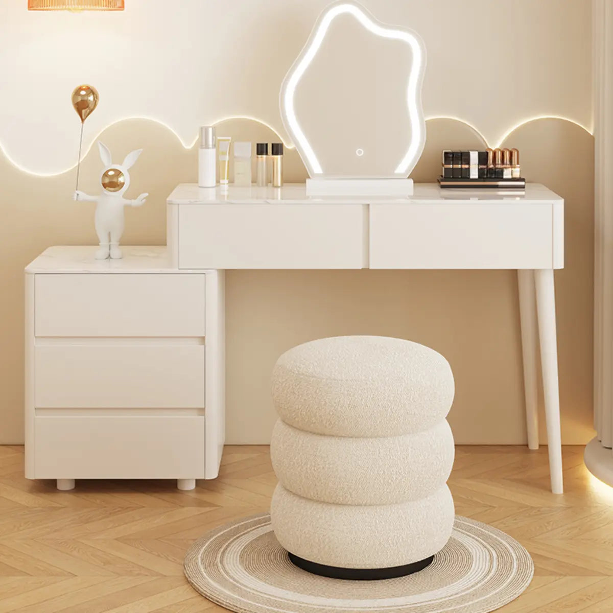 Modern Wavy Marble LED White Adjustable Makeup Vanity Set Image - 4